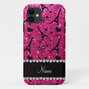 Coque iPhone 11 nom paris eiffel tower neon hot rose parties scint