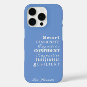 Coques iPhone 16 Pro Nom personnalisable, Caractéristiques Blanc sur Bl