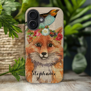 Coque Pour iPhone 16 Nom personnalisé Amis Floraux Renard Aquarelle