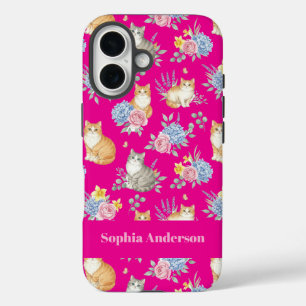 Coque Pour iPhone 16 Nom personnalisé Aquarelle Chats et Fleurs 