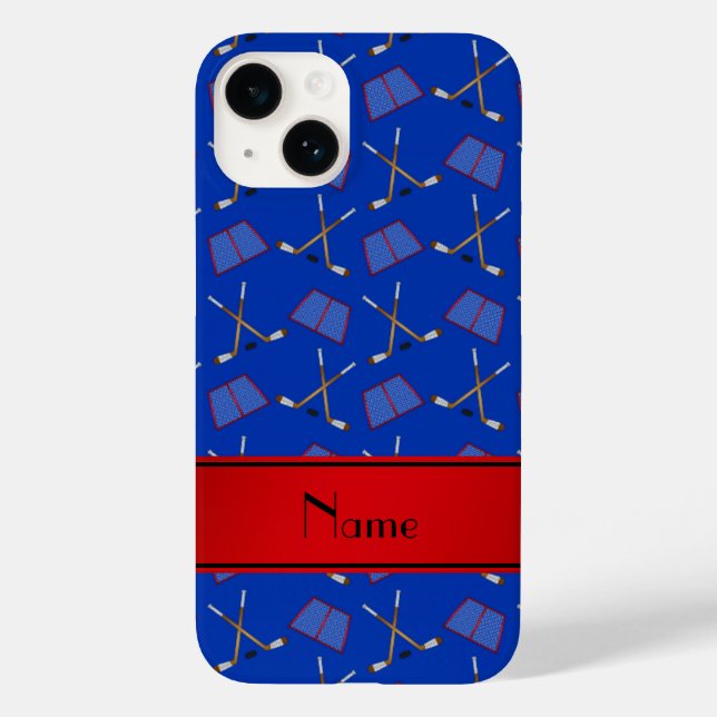 Coques Case-Mate iPhone Nom personnalisé bâtons de hockey bleu bande rouge (Verso)