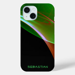 Coque Pour iPhone 15 Nom personnalisé Black Wispy Green Orange