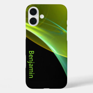 Coques iPhone 16 Plus Nom personnalisé Black Wispy Greens Abstrait Artwo