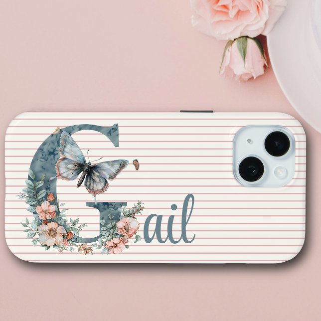Coques Case-Mate iPhone Nom personnalisé | Botanique initiale | Bleu papil (Créateur téléchargé)