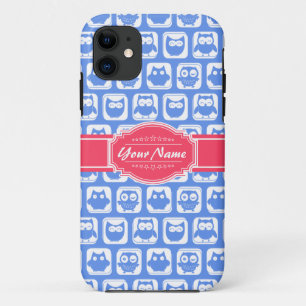 Coques Pour iPhone Nom personnalisé Chouette bleue rose chaud