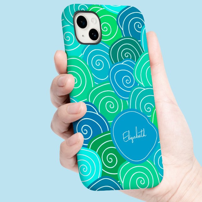 Coques Case-Mate iPhone Nom personnalisé Cool mignon Motif bleu vert uniqu (Cute Whimsical Vintage Blue Green Pattern Custom Case-Mate iPhone Case)