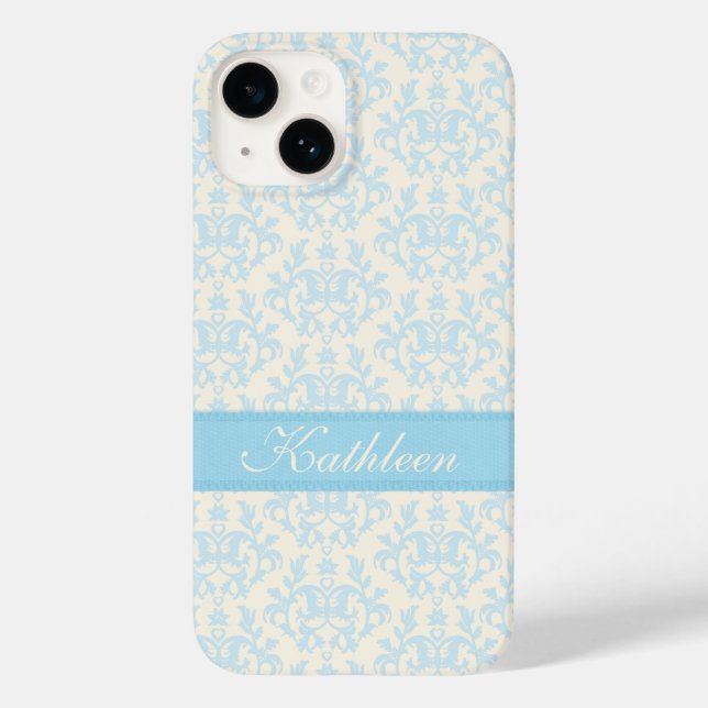 Coques Case-Mate iPhone Nom personnalisé damask bleu clair & crème (Verso)