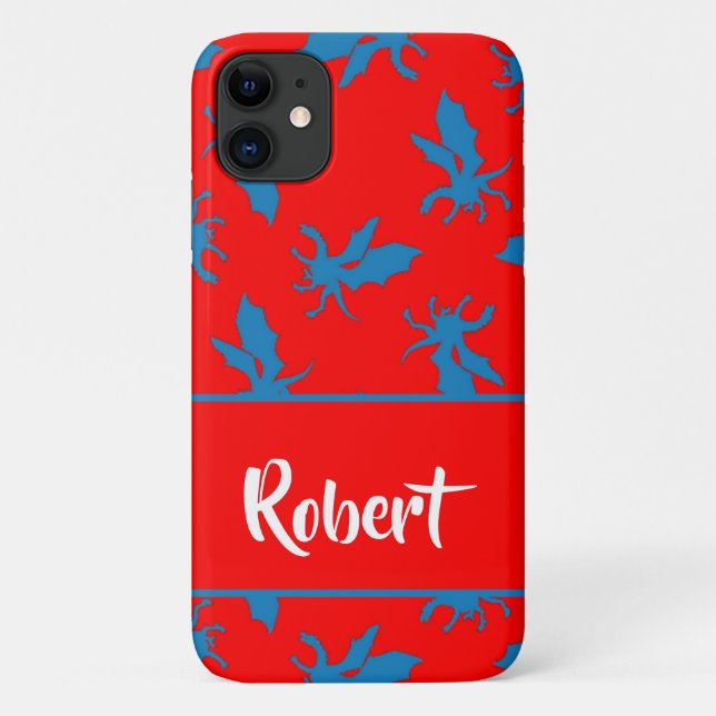 Coques Case-Mate iPhone Nom personnalisé dragons bleus sur rouge (Dos)