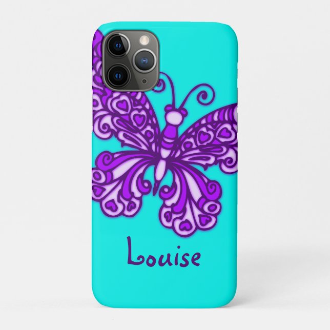 Coques Case-Mate iPhone Nom personnalisé du papillon stylisé aqua violet (Dos)