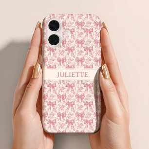 Coque Pour iPhone 16 Nom personnalisé Elegant Vintage Floral Blush Bows