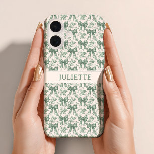 Coque Pour iPhone 16 Nom personnalisé Elégante Vintage Floral Green Bow