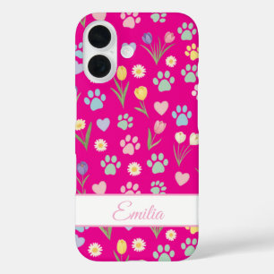 Coque Pour iPhone 16 Nom personnalisé Empreinte de patte & Coeurs Télép