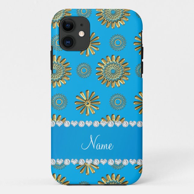 Coques Case-Mate iPhone Nom personnalisé fleurs d'or bleu ciel rétro (Dos)