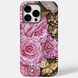Coque Pour Pour iPhone 14 Pro Max Nom personnalisé Fleurs roses Papillons dorés