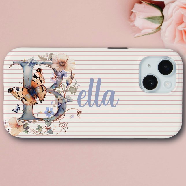 Coques Case-Mate iPhone Nom personnalisé | Floral Butterfly Initial Blue (Créateur téléchargé)