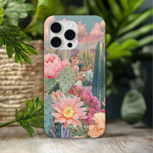 Coque iPhone 15 Pro Max Nom personnalisé floral cactus rétro du désert