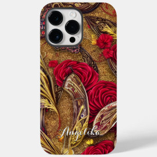 Coque Pour Pour iPhone 14 Pro Max Nom personnalisé floral moderne rouge et or