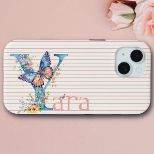 Coque Pour iPhone 15 Nom personnalisé   Floral Papillon initial bleu, P