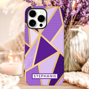Coques iPhone 16 Pro Max Nom personnalisé géométrique or violet