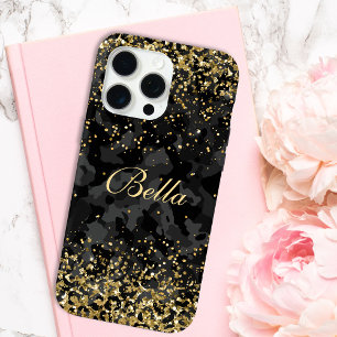 Coque iPhone 15 Pro Max Nom personnalisé girly pailleté or noir moderne