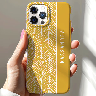 Coque Pour iPhone 15 Nom personnalisé Gold et White Herringbone