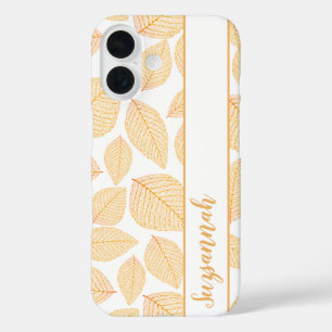 Coque Pour iPhone 16 Nom personnalisé Gold Skeleton Feuilles sur blanc