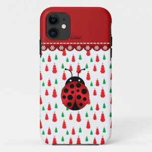 Coque iPhone 11 Nom personnalisé ladybug rouge vert snowmen