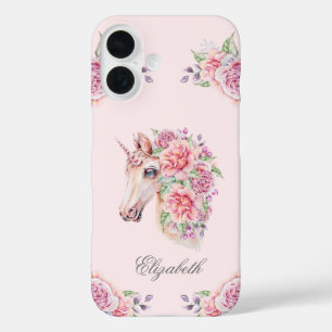 Coque Pour iPhone 16 Nom personnalisé Licorne Fleurie Aquarelle Rustiqu