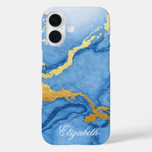 Coque Pour iPhone 16 Nom personnalisé Marbre bleu clair et or