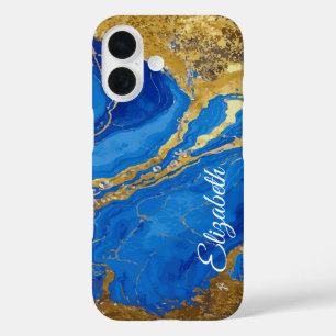 Coque Pour iPhone 16 Nom personnalisé Marbre bleu et feuille d'or