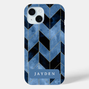 Coque Pour iPhone 15 Nom personnalisé Marine Blue and Gold Herringbone