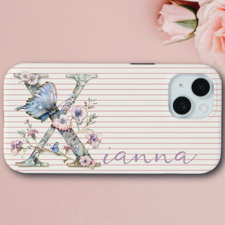 Coque Pour iPhone 15 Nom personnalisé moderne Papillon floral Lilac ini