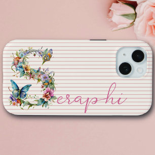 Coque Pour iPhone 15 Nom personnalisé moderne Papillon floral rose init