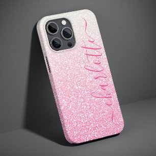 Coque Pour iPhone 14 Nom personnalisé moderne rose pailleté girly chic