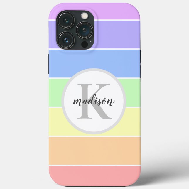 Coques Case-Mate iPhone Nom personnalisé monogramme Pastel Rainbow Stripes (Verso)