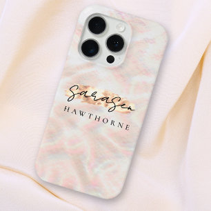 Coque iPhone 15 Pro Nom personnalisé Opal Pierre Design Rose Or