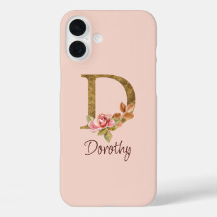 Coques iPhone 16 Plus Nom personnalisé Or Feuille Rose Blush Lettre D