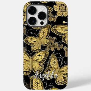 Coque Pour Pour iPhone 14 Pro Max Nom personnalisé Papillons noir et or