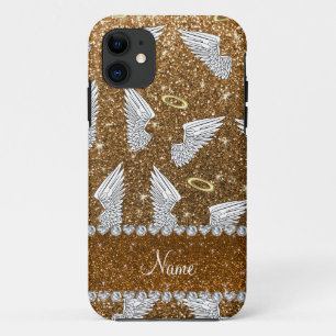 Coque iPhone 11 Nom personnalisé parties scintillant d'or ailes d'