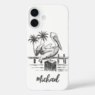 Coque Pour iPhone 16 Nom Personnalisé Pélican Sur Un Post Palm Tree