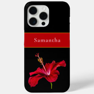 Coque iPhone 15 Pro Max Nom personnalisé Rouge Hibiscus Fleur Côté Tropica