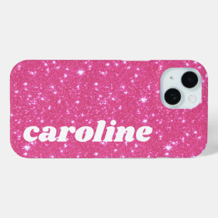 Coque Pour iPhone 15 Nom personnalisé Strass Pailleté Rose Chaud Rétro