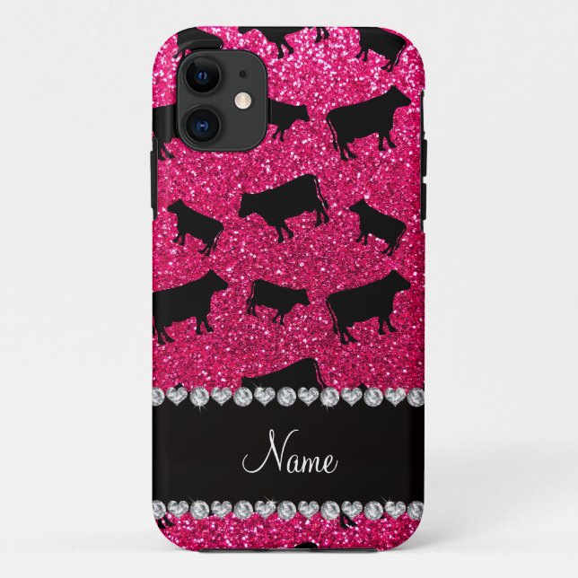 Coques Case-Mate iPhone Nom personnalisé Vaches à parties scintillant rose (Dos)