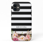 Nom rayé blanc noir floral élégant de monogramme