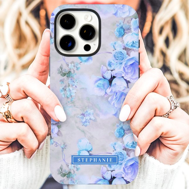 Coques Case-Mate iPhone Nom romantique bleu et gris Floral (Créateur téléchargé)