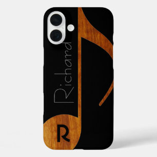 Coques iPhone 16 Plus note de musique couleur bois avec nom
