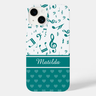 Coque Pour iPhone 14 Notes de musique et Motif de coeur Turquoise et bl