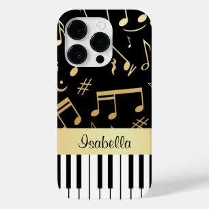 Coque Pour iPhone 14 Pro Notes musicales et touches de piano Noir et Or