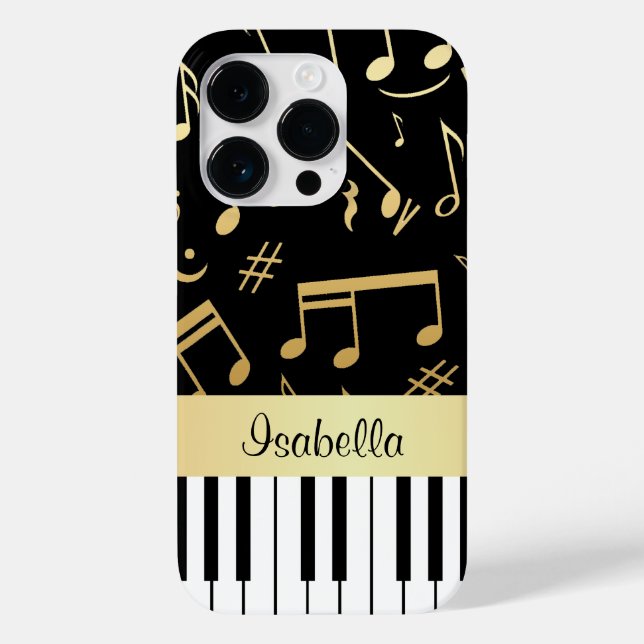 Coques Case-Mate iPhone Notes musicales et touches de piano Noir et Or (Verso)