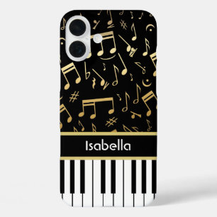 Coques iPhone 16 Plus Notes musicales et touches de piano Noir et Or